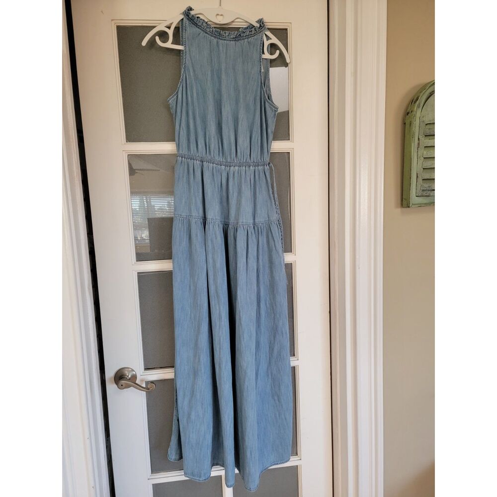 nwt GAP Organic Cotton High Neck Denim Maxi Dress Ruffled XS XSmall